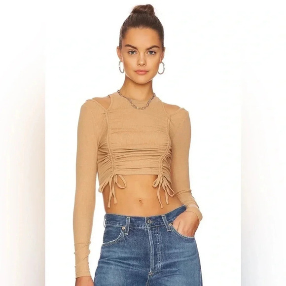 superdown Tops - superdown Andi Ruched Top Cold Shoulder blouse top in Tan XS Revolve